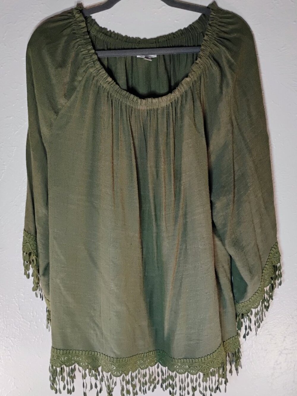 Avenue Army Green Round Neck 3/4 Sleeve Crochet Trim Blouse Tunic Women Sz 22/24